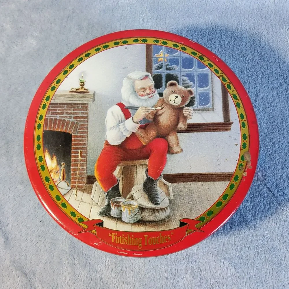 Vintage Christmas Holiday Tin Santa Painting Teddy Bear Finishing Touches Plaid